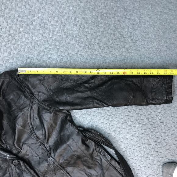 Leather Coat Mens Medium Black Belted Patchwork Trench Genuine Leather Overcoat - Picture 12 of 16